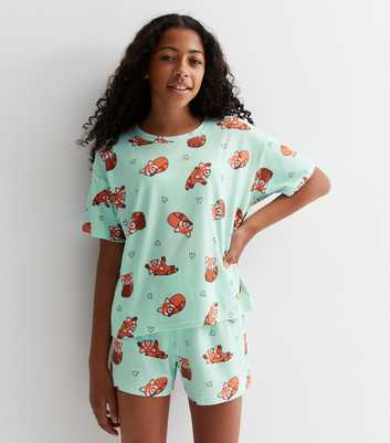 Girls Green Soft Touch Short Pyjama Set with Red Panda Print