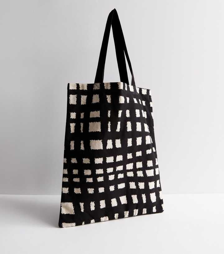 Black Cotton Abstract Check Canvas Tote Bag