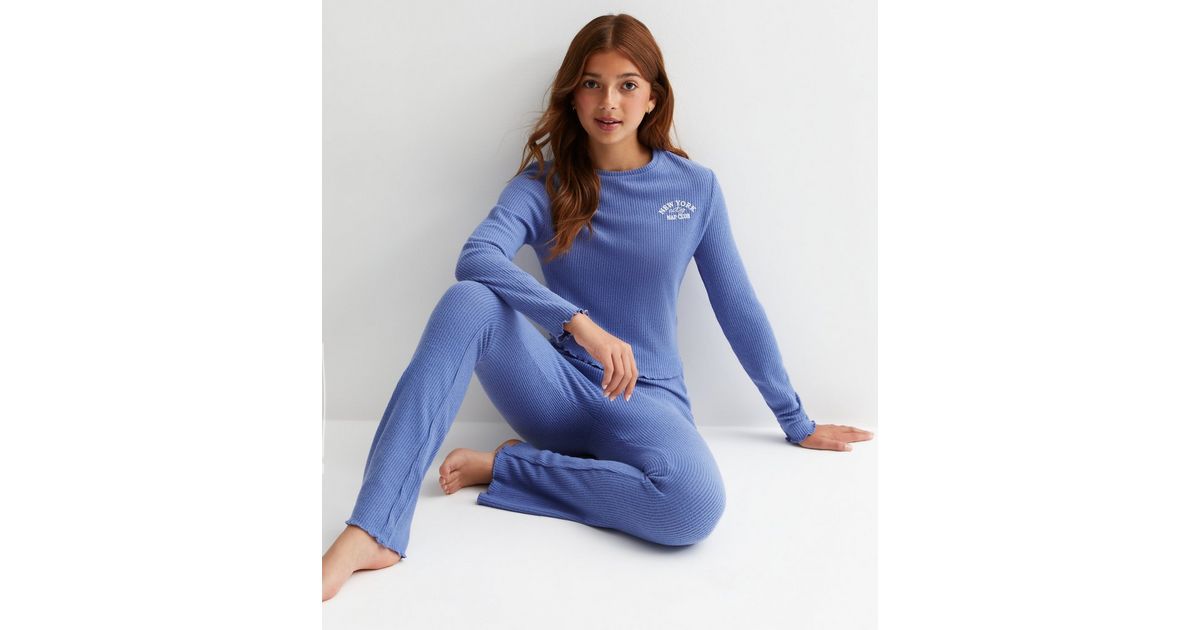Girls Blue Ribbed Jersey Trouser Pyjama Set with New York Logo | New Look