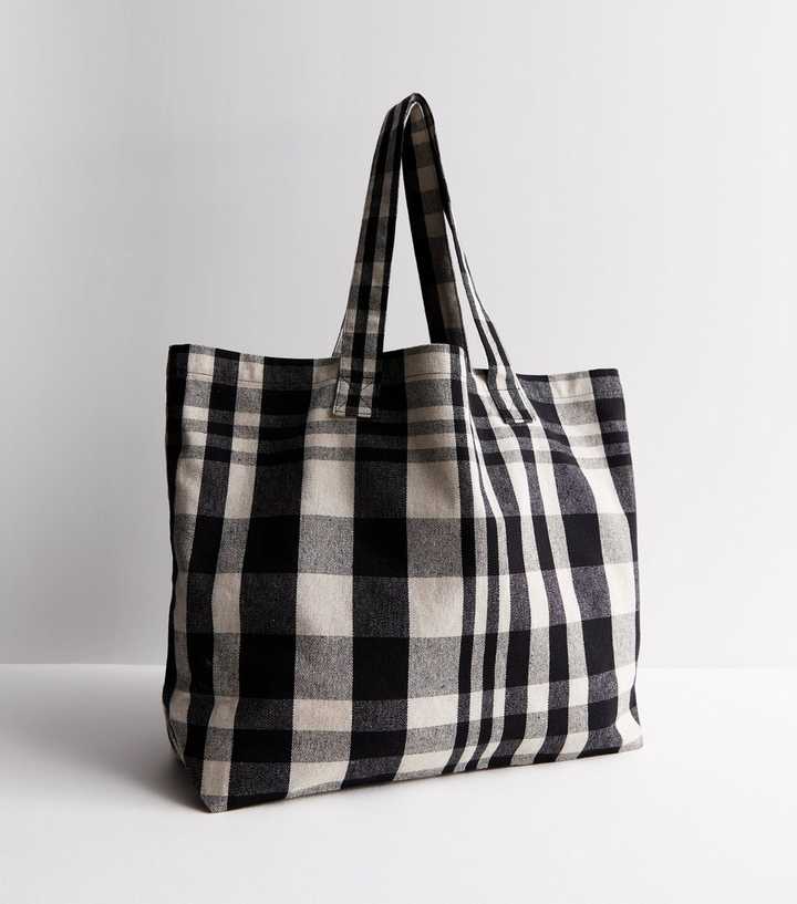 Black Check Canvas Large Tote Bag