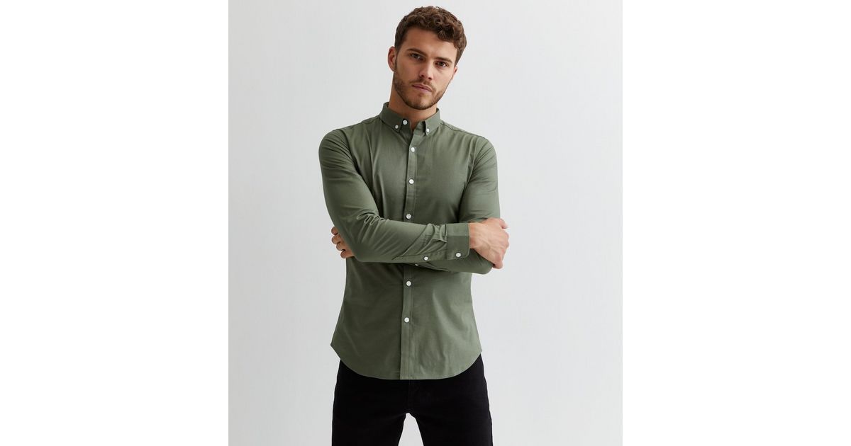 Khaki Long Sleeve Muscle Fit Oxford Shirt New Look