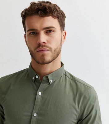 Men's Khaki Long Sleeve Muscle Fit Oxford Shirt New Look