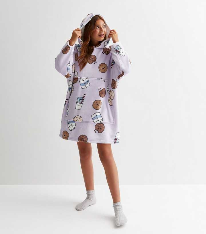Girls Lilac Fleece Cookies and Milk Blanket Hoodie | New Look