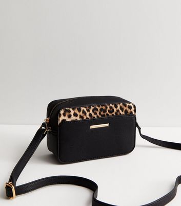 Black Leopard Print Leather Look Cross Body Bag New Look