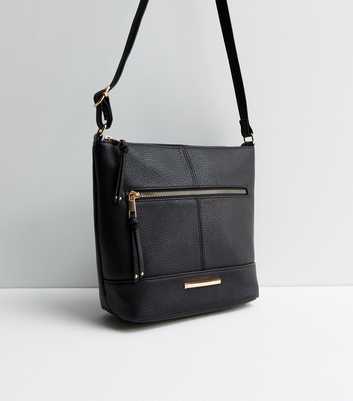 Black Leather-Look Front Pocket Bucket Bag