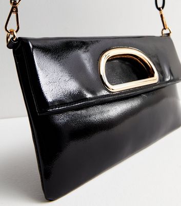 Black Foldover Patent Clutch Bag New Look