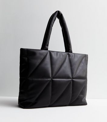 Black Leather Look Diamond Puffer Tote Bag New Look