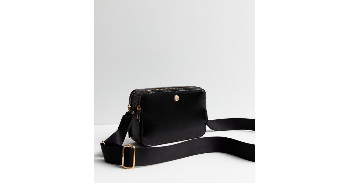 Black Patent Cross Body Camera Bag New Look