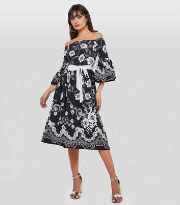 Goddiva Black Floral Belted Bardot Midi Dress