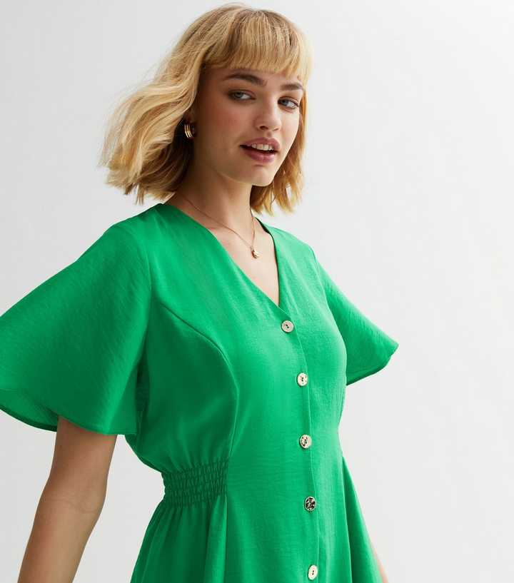 Green Button Front Mini Dress | New Look
