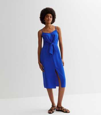 Blue Strappy Tie Front Midi Dress