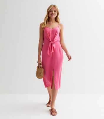 Bright Pink Tie Front Strappy Midi Dress