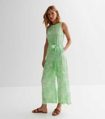 Green Floral Sleeveless Belted Wide Leg Jumpsuit