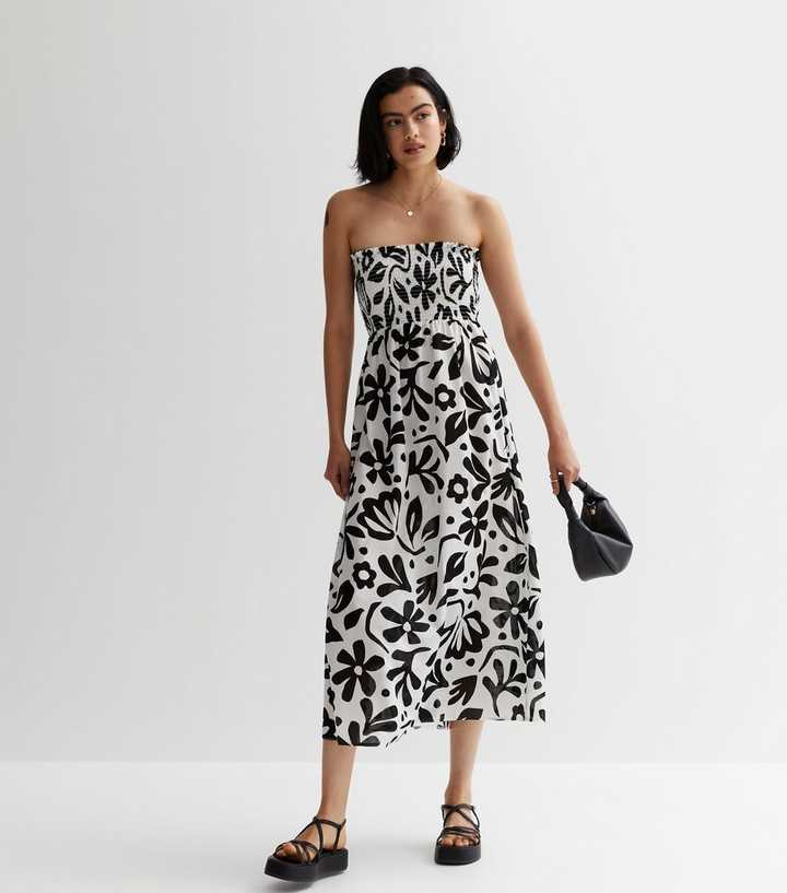 White Floral Shirred Bandeau Midaxi Dress