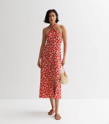 Red halter store neck midi dress