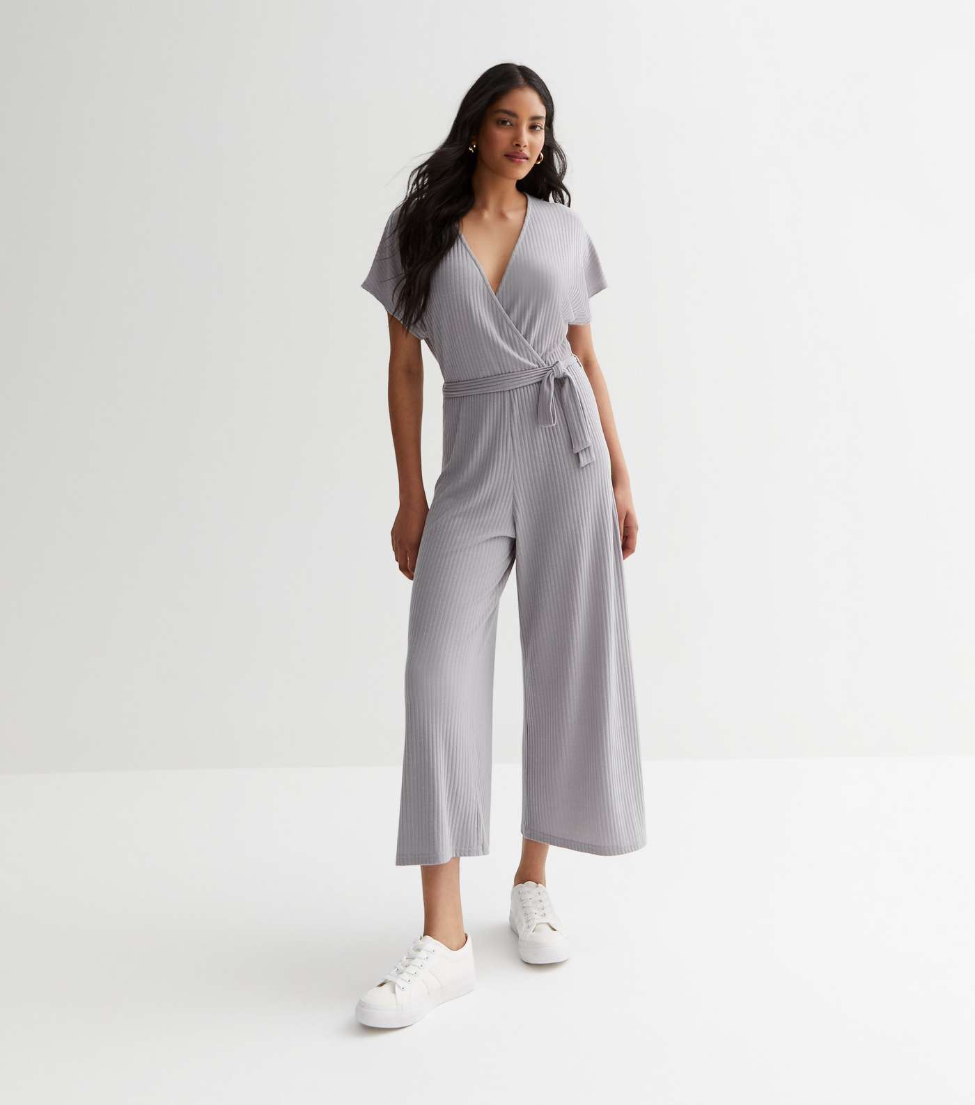 Grey Ribbed Wrap Jumpsuit