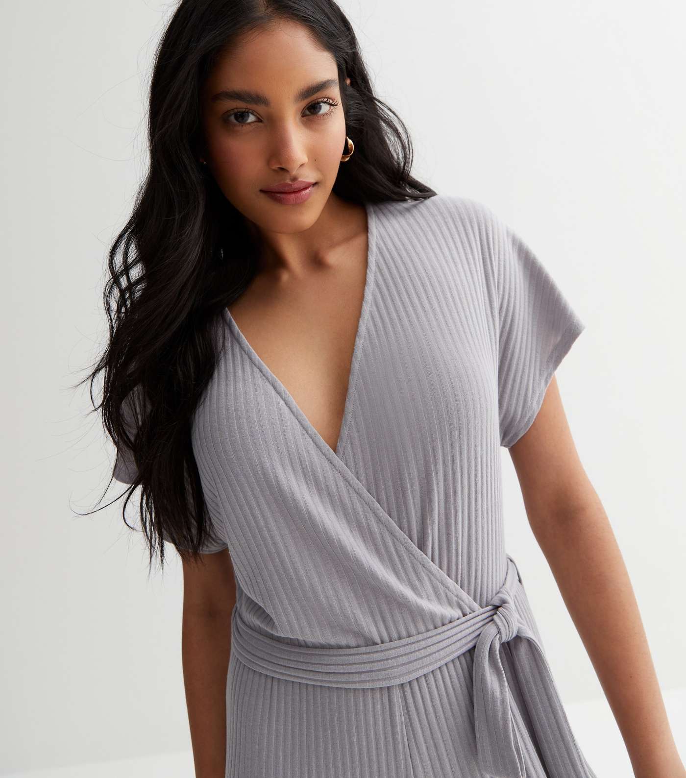Grey Ribbed Wrap Jumpsuit Image 3