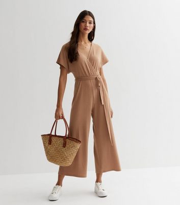 Tan Ribbed Wrap Jumpsuit New Look