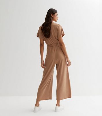 Tan Ribbed Wrap Jumpsuit | New Look