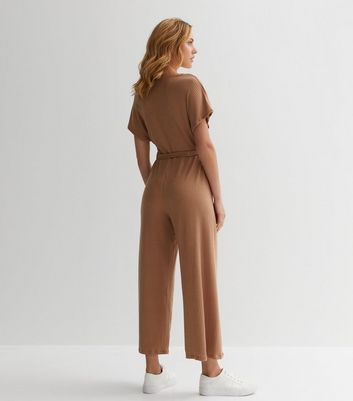 Rust Ribbed Wrap Jumpsuit New Look