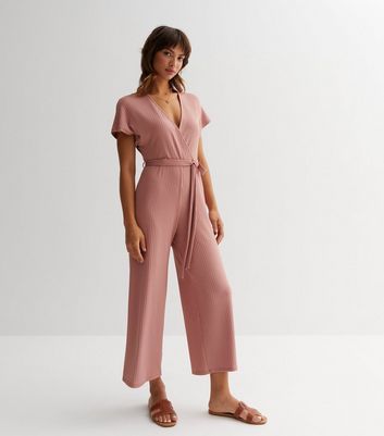 Pink Ribbed Wrap Jumpsuit New Look