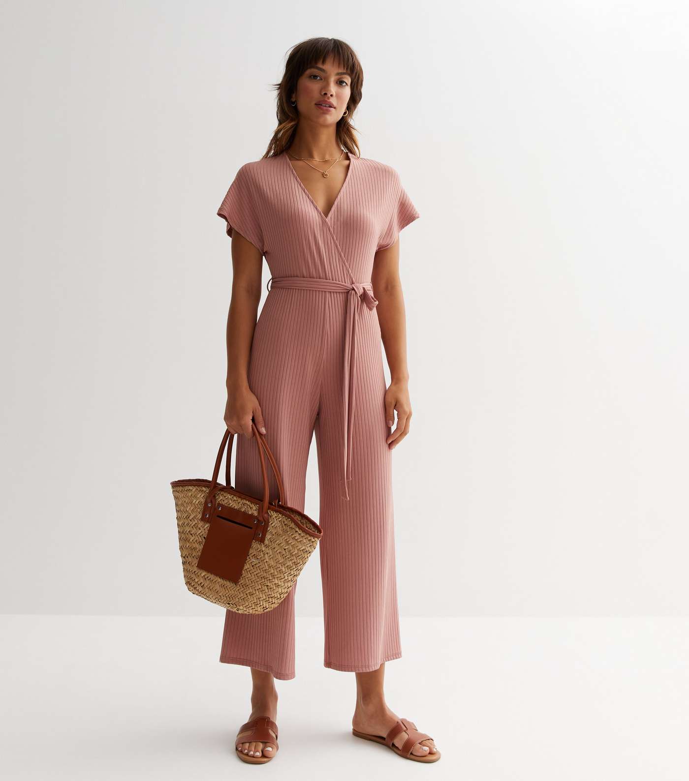 Pink Ribbed Wrap Jumpsuit Image 2