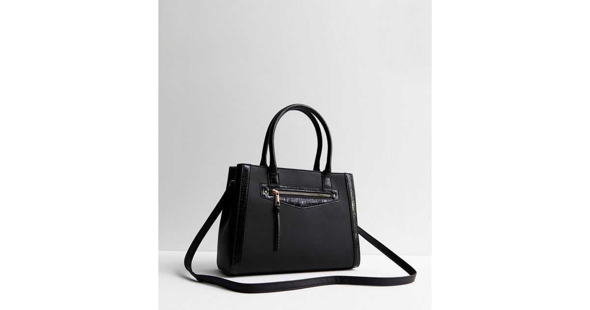 Black Leather-Look Midi Tote Bag