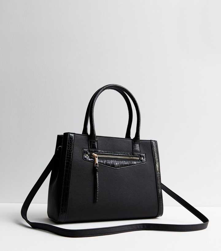 Black Leather-Look Midi Tote Bag