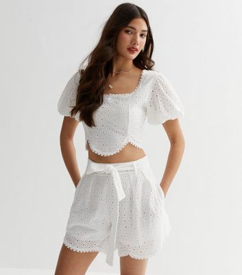 Cameo Rose White Broderie High Waist Flippy Shorts New Look