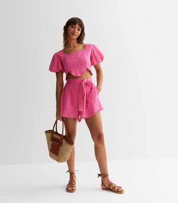 Cameo Rose Pink Broderie High Waist Belted Shorts