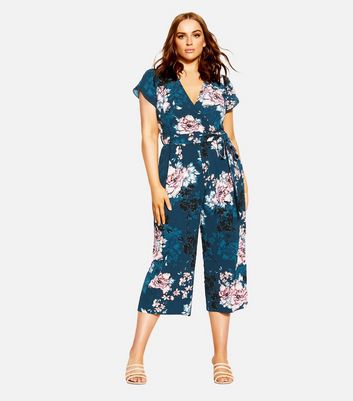 City Chic Curves Green Floral Wide Leg Jumpsuit New Look