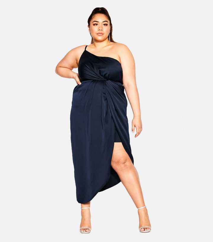 City Chic Curves Navy One Shoulder Midi Dress | New Look