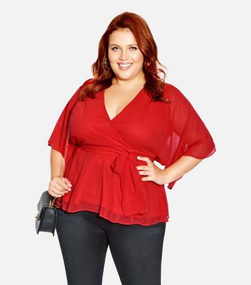 City Chic Curves Red Wrap Top New Look