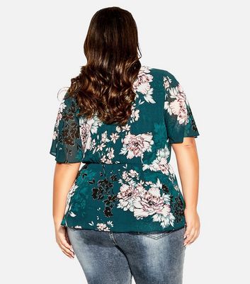 City Chic Curves Green Floral Wrap Top New Look