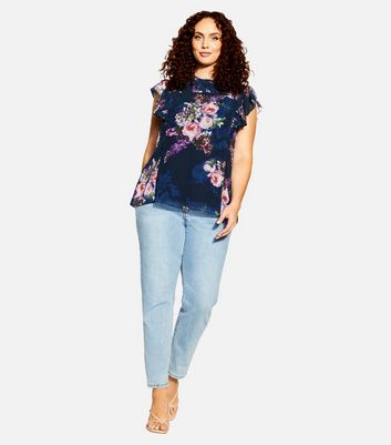 City Chic Curves Navy Floral Frill Sleeve Top New Look