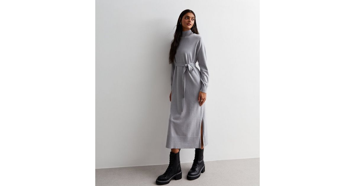 High Neck Full Length Dress with Slit Steel Grey
