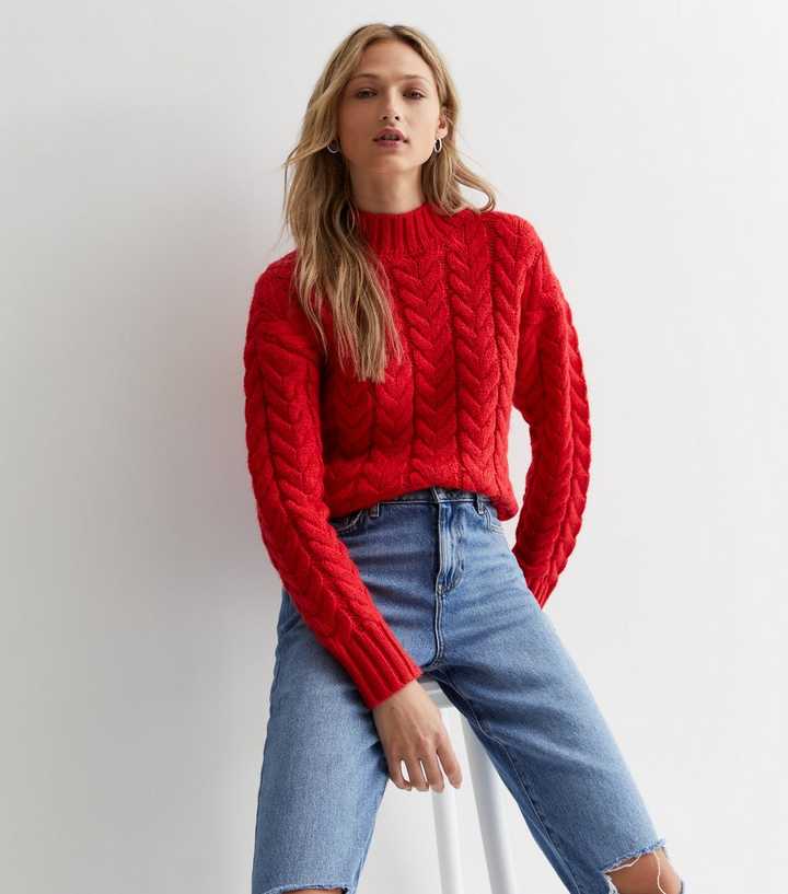 Dark Red Cable Knit High Neck Jumper