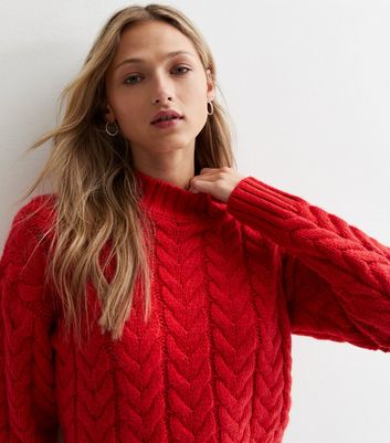 Dark Red Cable Knit High Neck Jumper New Look