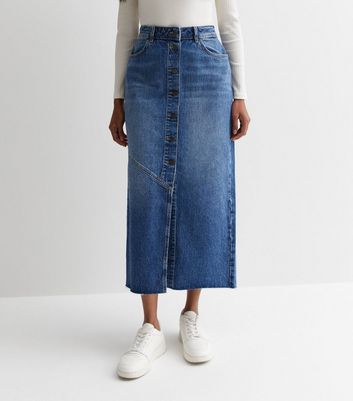 Medium Wash Denim Maxi Skirt with Front Slit | Lime Lush