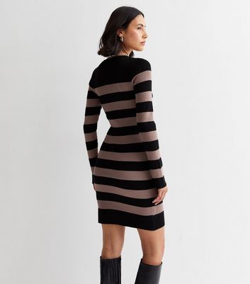 Brown Stripe Ribbed Knit Long Sleeve Mini Dress New Look