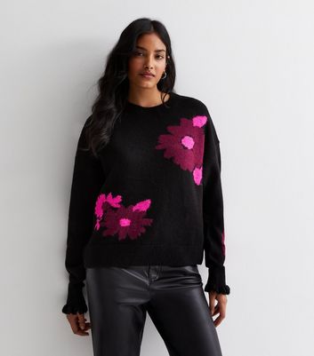 JDY Black Floral Frill Knitted Jumper New Look