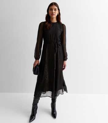 JDY Black Metallic Stripe Puff Sleeve Midi Dress
