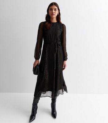 JDY Black Metallic Stripe Puff Sleeve Midi Dress | New Look