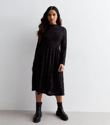 JDY Petite Black Textured Floral Long Sleeve Midi Dress New Look