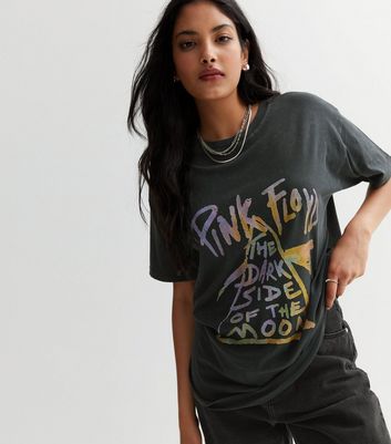 Dark Grey Acid Wash Pink Floyd Logo T-Shirt | New Look