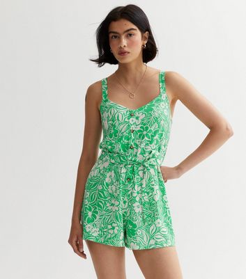 Green Floral Crinkle Button Front Playsuit New Look