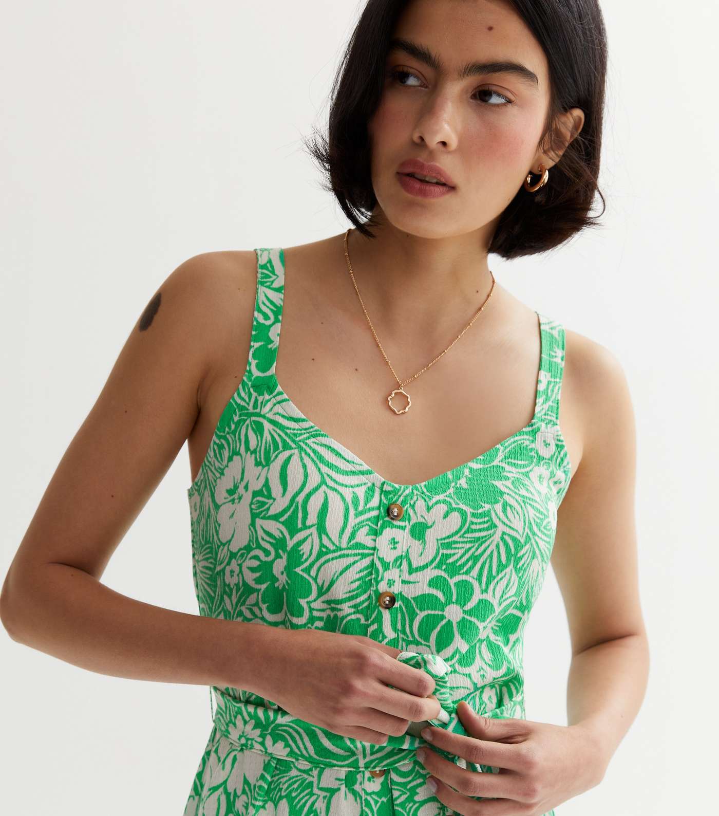 Green Floral Crinkle Button Front Playsuit Image 2