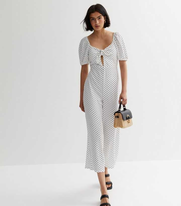 White Spot Knot Front Crop Jumpsuit