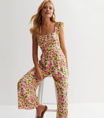 Yellow Floral Frill Crop Wide Leg Jumpsuit