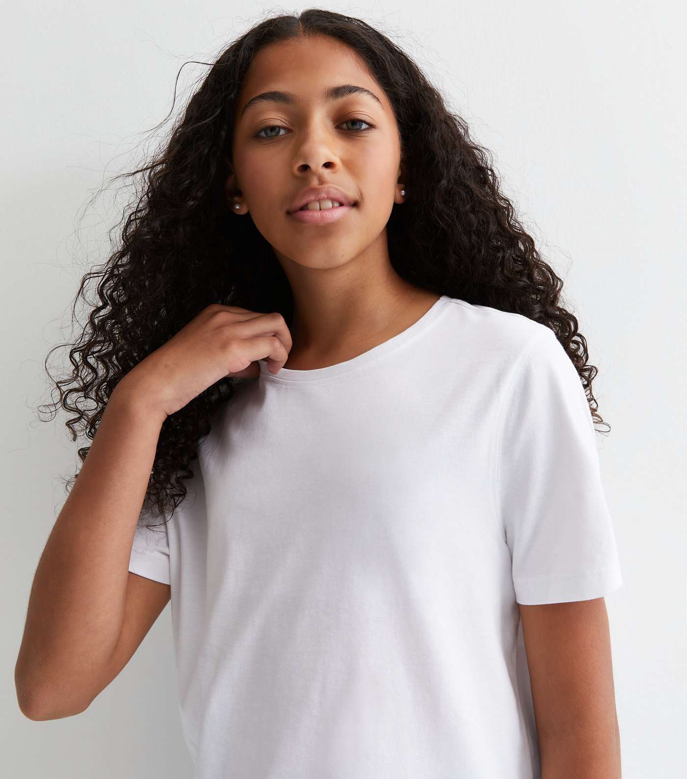 Girls White Cotton Crew Neck T-Shirt Image 2